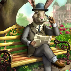 Un lapin détective assis sur un banc public et lisant un journal dans un décor victorien.