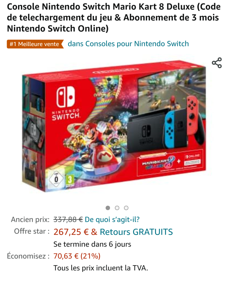 Console Nintendo Switch Mario Kart 8 Deluxe (Code de telechargement du jeu & Abonnement de 3 mois Nintendo Switch Online) -21% Black friday