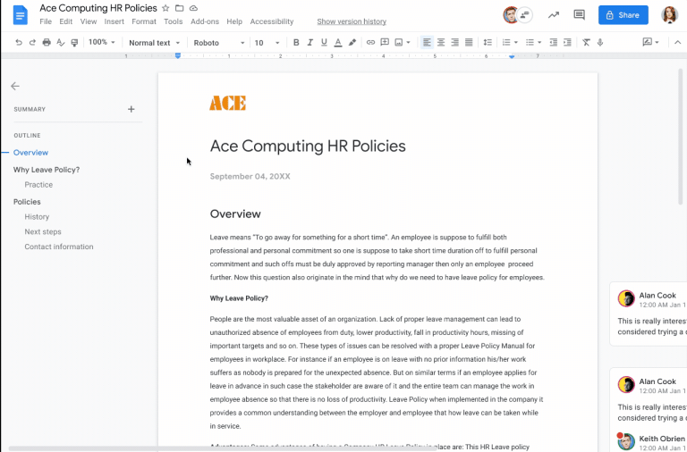 Résumer du contenu avec google workspace