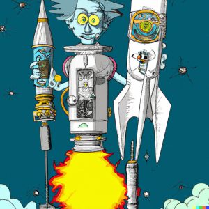 Une grande superintelligence robotique guide l'humanité vers des fusées d'exploration interstellaire dans le style du dessin animé Animaniacs.