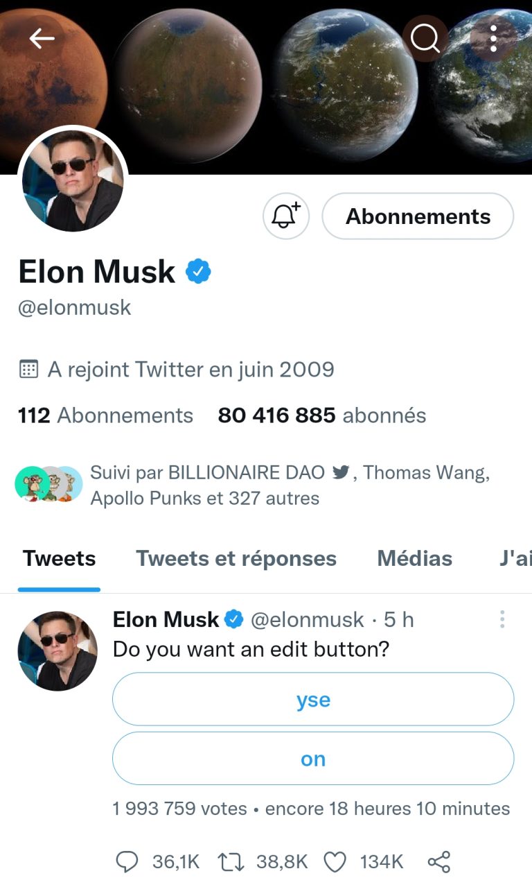 Elon Musk Possède plus de 9,2% de twitter et fait un sondage pour l&rsquo;ajout d&rsquo;un bouton edit