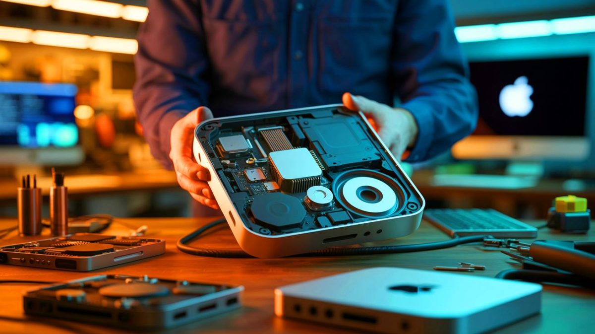 Illustration de la réparation d'un Mac mini M2 par Apple. Image réalisée par IA.