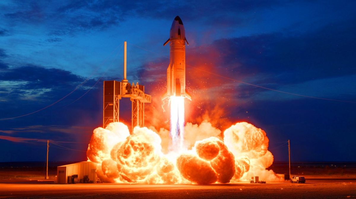 Illustration de l'explosion du prototype Starship au centre d'essais de Massey. Image réalisée par IA.