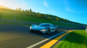 Illustration de la berline Xiaomi SU7 Ultra sur le circuit du Nürburgring. Image réalisée par IA.