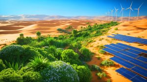 Illustration de la transformation du désert de Taklamakan en opportunité de développement durable. Image réalisée par IA.