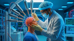 Illustration de l'implant cérébral permettant à un patient atteint de SLA de communiquer. Image réalisée par IA.