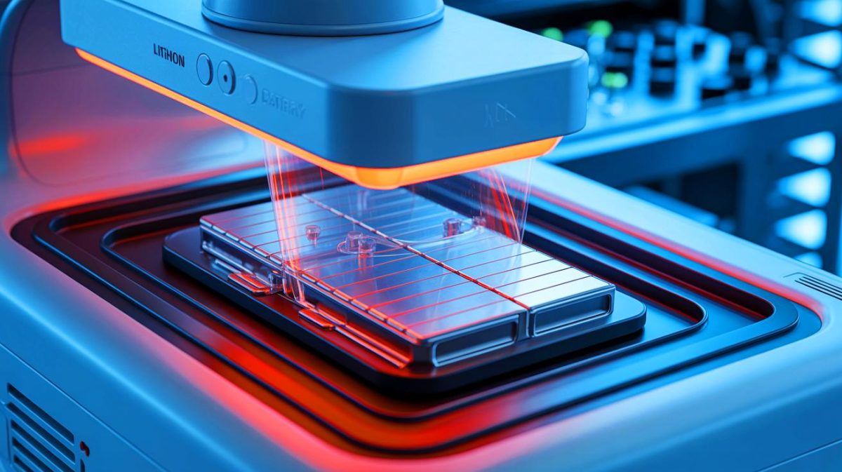 Illustration de la détection des défauts internes d'une batterie lithium-ion par ultrasons. Image réalisée par IA.