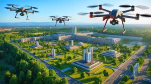 Illustration de drones survolant le centre de recherche de l'Union européenne à Ispra. Image réalisée par IA.