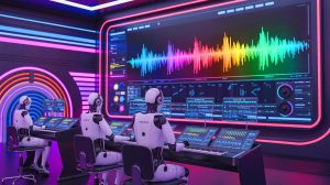 Illustration de l'essor de la musique générée par intelligence artificielle et son impact sur l'industrie musicale, réalisée par une intelligence artificielle.