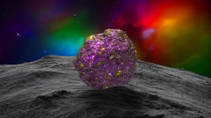 Illustration de la découverte du minéral djerfisherite sur l'astéroïde Ryugu, générée par intelligence artificielle.