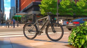 Illustration de l'innovation du vélo électrique Touroll MA2 en milieu urbain, générée par intelligence artificielle.