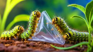 Illustration de chenilles plastivores métabolisant du plastique en graisses, créée par intelligence artificielle.