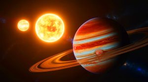 Illustration de Jupiters chauds orbitant dans des systèmes binaires, générée par intelligence artificielle.