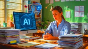 Illustration de l'utilisation d'une IA pour corriger les copies, générée par intelligence artificielle.