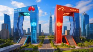 Illustration de la rivalité entre Huawei et Alibaba dans le domaine de l'intelligence artificielle, générée par intelligence artificielle.