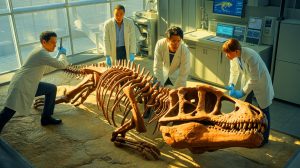 Illustration de la découverte d'un fossile de dinosaure sous le parking du Musée de la Nature et des Sciences de Denver, générée par intelligence artificielle.