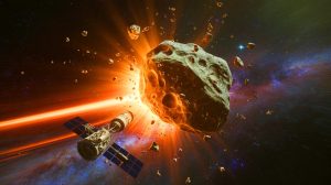 Illustration de l'impact de la mission DART sur l'astéroïde Dimorphos, générée par intelligence artificielle.