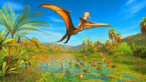 Illustration de l'Eotephradactylus mcintireae dans son habitat préhistorique, générée par intelligence artificielle.