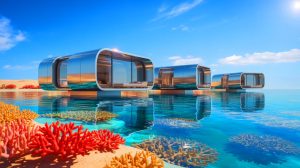 Illustration de villas futuristes sur la mer Rouge au Shebara Resort, générée par intelligence artificielle.