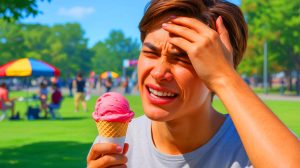 Illustration de la sensation de « brain freeze » causée par la consommation rapide de glace, créée par intelligence artificielle.
