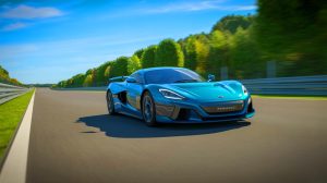 Illustration de la Rimac Nevera, la voiture électrique la plus rapide au monde, générée par intelligence artificielle.