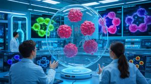 Illustration de l'accélération de l'évolution moléculaire par PROTEUS, générée par intelligence artificielle.