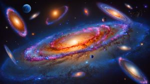 Illustration de galaxies invisibles entourant la Voie lactée, générée par intelligence artificielle.