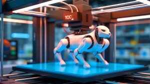 Illustration de l'innovation en robotique avec un robot mou imprimé en 3D, générée par intelligence artificielle.
