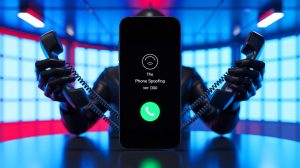 Illustration de l'usurpation d'entité téléphonique par phone spoofing, générée par intelligence artificielle.