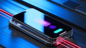 Illustration de l'iPhone 17 Pro Max avec sa batterie record de 5000 mAh, générée par intelligence artificielle.