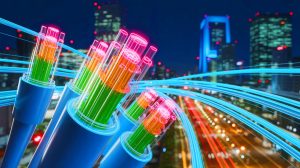 Illustration de la vitesse Internet record de 1,02 pétabit par seconde atteinte par le Japon, générée par intelligence artificielle.