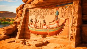 Illustration de la gravure ancienne découverte près d'Assouan, représentant un bateau et des personnages, générée par intelligence artificielle.