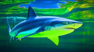 Illustration de la capacité du requin bleu à changer de couleur, générée par intelligence artificielle.