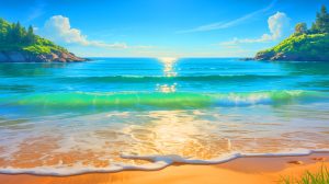 Illustration de la brise marine sur une plage ensoleillée, générée par intelligence artificielle.