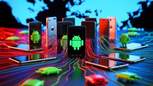 Illustration de la menace cybercriminelle Badbox 2.0 infectant des appareils Android, générée par intelligence artificielle.
