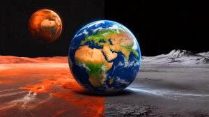 Illustration de la divergence climatique entre Mars et la Terre, générée par intelligence artificielle.
