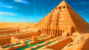 Illustration de la construction de la pyramide de Djéser avec un système hydraulique avancé, générée par intelligence artificielle.