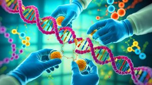 Illustration de la réparation de l'ADN cassé par des enzymes, générée par intelligence artificielle.