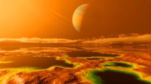 Illustration de la surface de Titan avec ses lacs d'hydrocarbures, générée par intelligence artificielle.