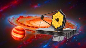 Illustration de la découverte de l'exoplanète TWA 7b par le télescope spatial James Webb, générée par intelligence artificielle.
