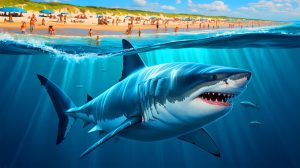 Illustration de Contender, le requin blanc de 750 kg, évoluant près des plages touristiques, générée par intelligence artificielle.