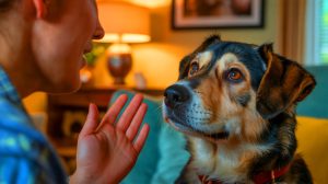 Illustration de la communication entre un chien et son propriétaire, générée par intelligence artificielle.