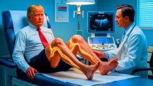 Illustration de Donald Trump et l'insuffisance veineuse chronique, générée par intelligence artificielle.