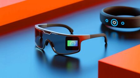 Illustration de lunettes connectées Meta Celeste avec écran intégré et bracelet gestuel. Image réalisée par IA.
