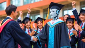Illustration de Shuang Shuang, le robot humanoïde, lors d'une cérémonie de remise de diplômes en Chine, générée par intelligence artificielle.