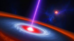 Illustration de PSR J1023+0038, un pulsar milliseconde en interaction avec une étoile compagnon.