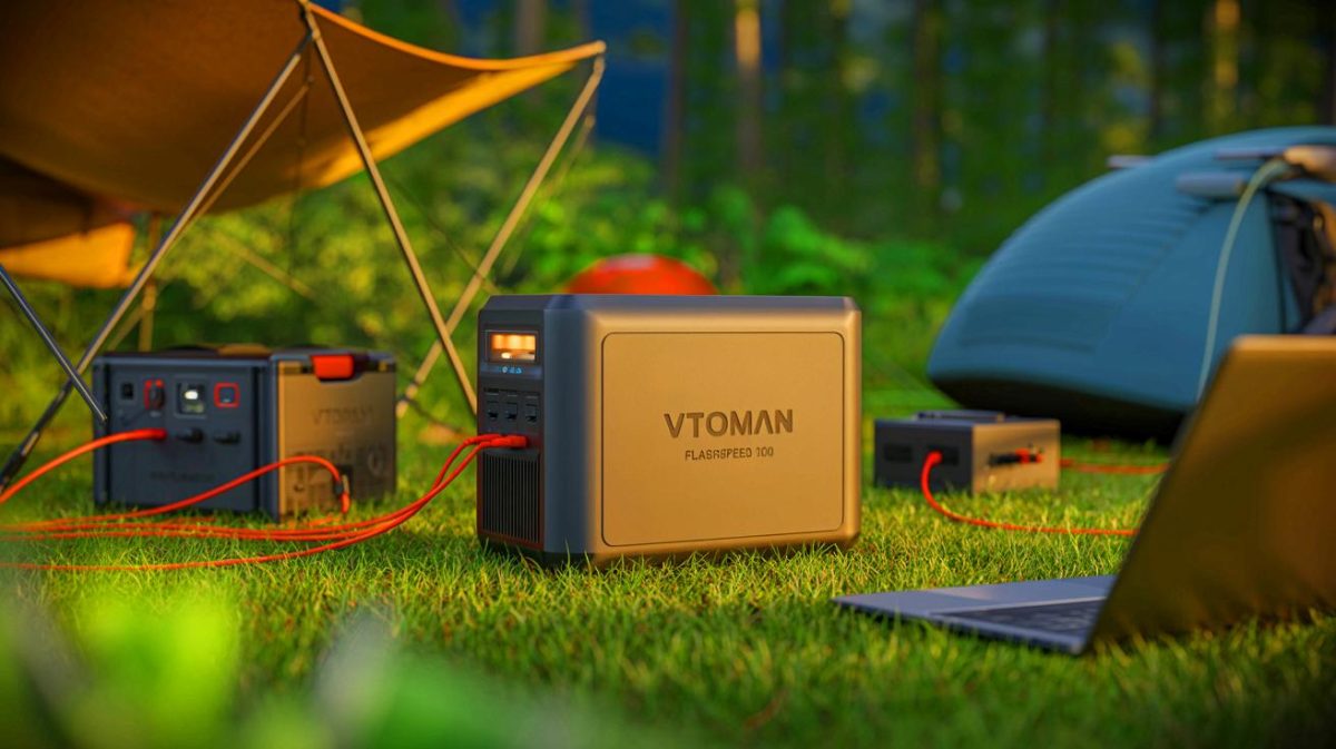 Illustration de la station d'énergie portable VTOMAN FlashSpeed 1500 en situation d'utilisation.