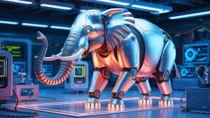 Illustration de EleBot, le robot éléphant développé par l'EPFL qui imite les mouvements d'un vrai éléphant.
