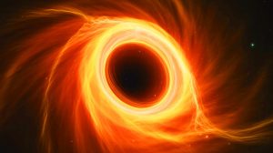 Illustration de la première image d'un trou noir avec son anneau lumineux dans la galaxie M87.