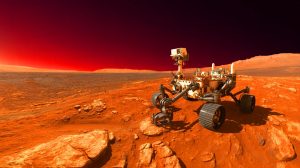 Illustration de l'exploration du cratère Jezero par le rover Persévérance à la recherche de traces de vie sur Mars.